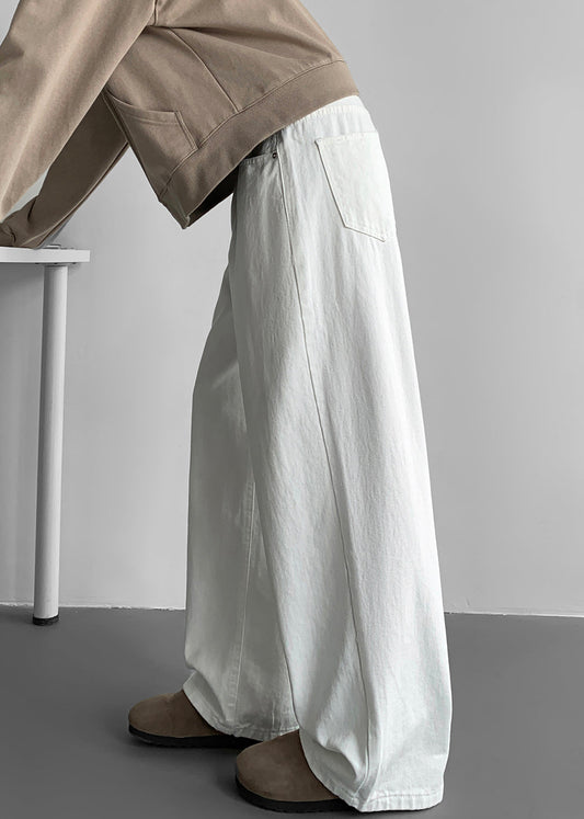 Simple White Pockets Solid Denim Mens Wide Leg Pants Fall