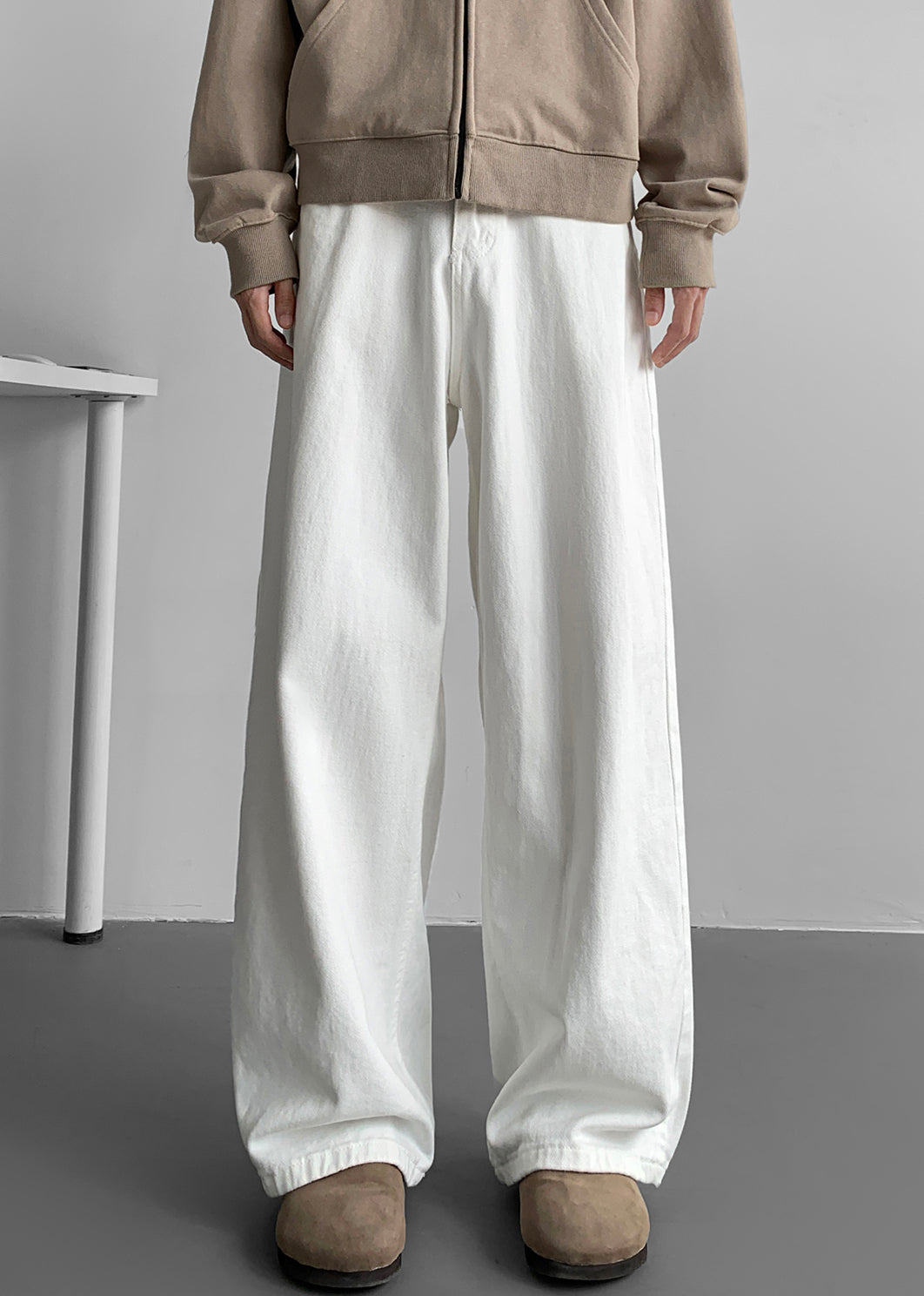 Simple White Pockets Solid Denim Mens Wide Leg Pants Fall