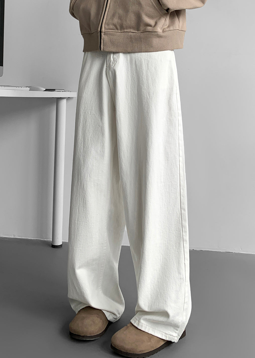 Simple White Pockets Solid Denim Mens Wide Leg Pants Fall