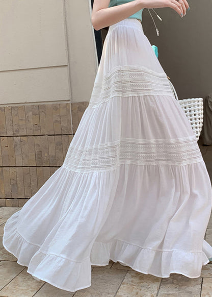 Simple White Ruffled Lace Patchwork Maxi Skirts Summer