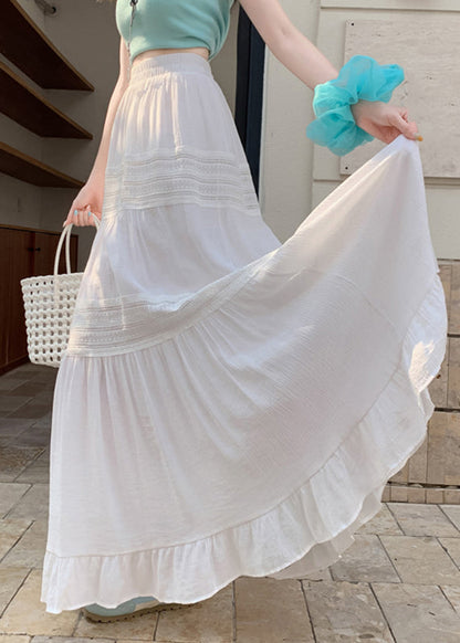Simple White Ruffled Lace Patchwork Maxi Skirts Summer