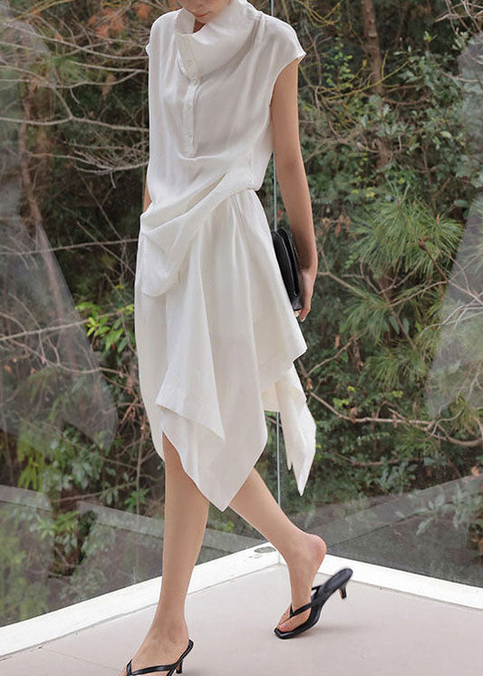 Simple White Stand Collar Asymmetrical Design Cotton Two Pieces Set Summer