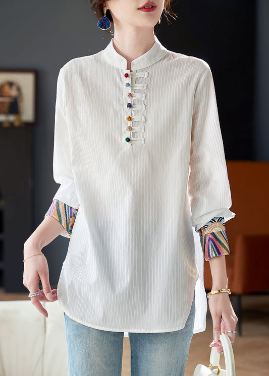 Simple White Stand Collar Patchwork Embroidered Button Shirt Fall