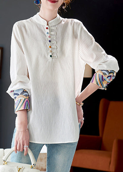 Simple White Stand Collar Patchwork Embroidered Button Shirt Fall