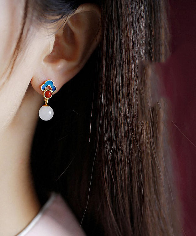 Schlichte weiße Sterling Silber Intarsien Set Edelstein Jade Achat Tropfen Ohrringe