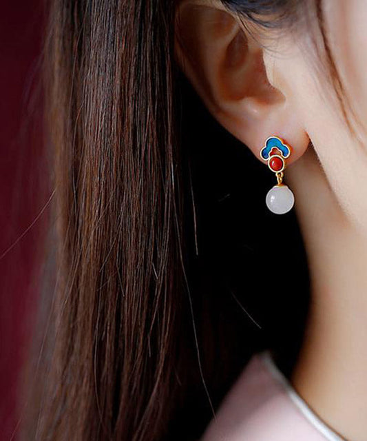 Simple White Sterling Silver Inlaid Set Gem Jade Agate Drop Earrings