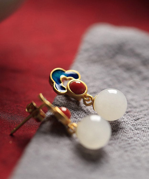 Schlichte weiße Sterling Silber Intarsien Set Edelstein Jade Achat Tropfen Ohrringe