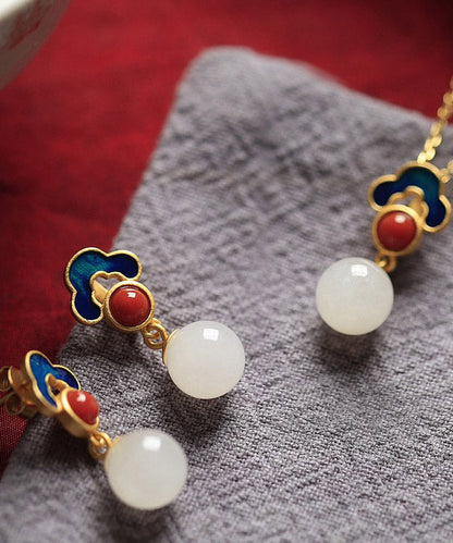 Schlichte weiße Sterling Silber Intarsien Set Edelstein Jade Achat Tropfen Ohrringe