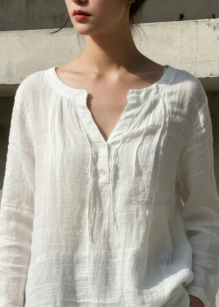 Camisa blanca sencilla de algodón con cuello en V para primavera