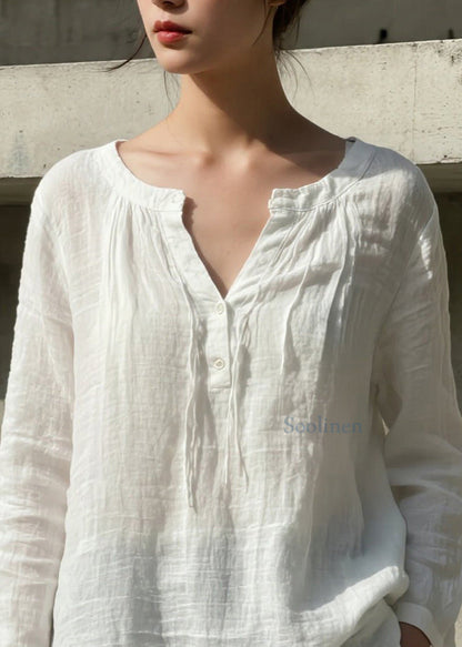 Camisa blanca sencilla de algodón con cuello en V para primavera