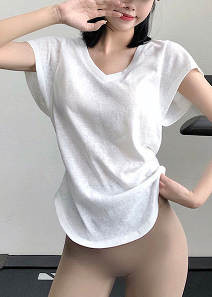 Simple White V Neck Loose Yoga Tops Summer