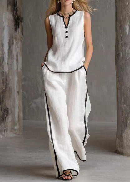Simple White V Neck Patchwork Cotton Two Pieces Set Summer
