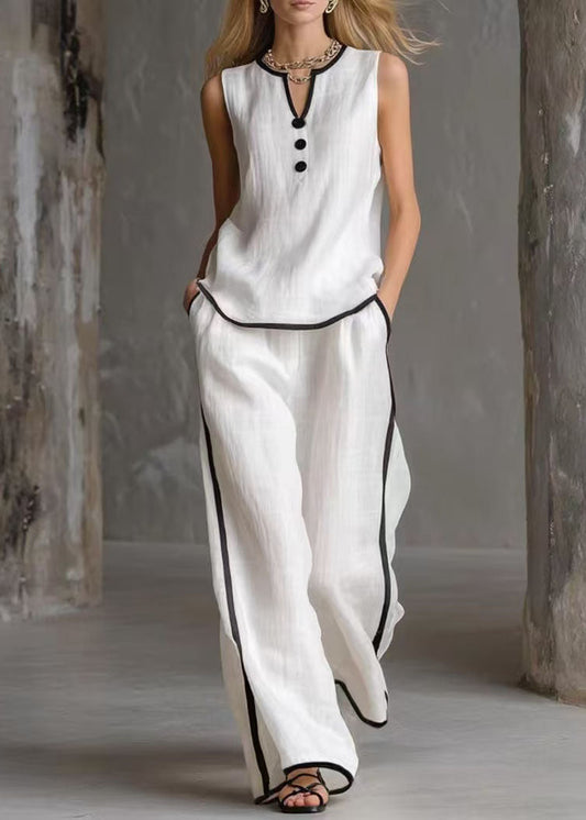 Simple White V Neck Patchwork Cotton Two Pieces Set Summer