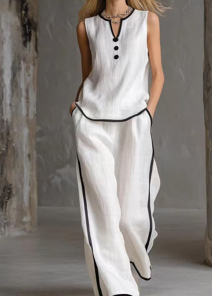 Simple White V Neck Patchwork Cotton Two Pieces Set Summer
