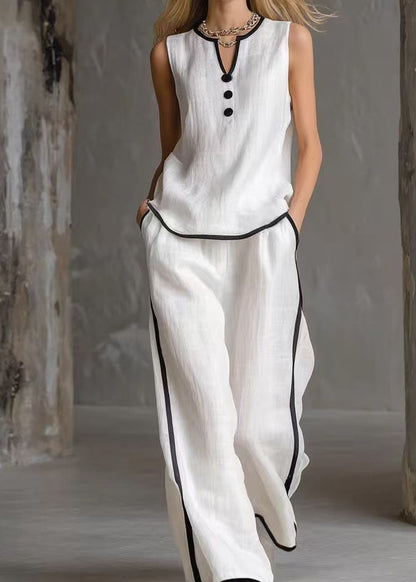 Simple White V Neck Patchwork Cotton Two Pieces Set Summer