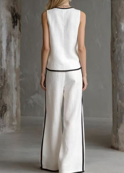 Simple White V Neck Patchwork Cotton Two Pieces Set Summer