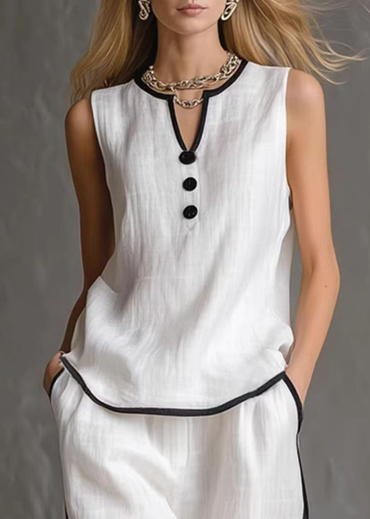 Simple White V Neck Patchwork Cotton Two Pieces Set Summer