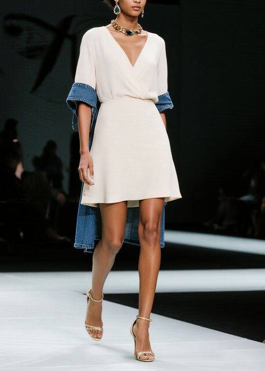 Simple White V Neck Patchwork Denim Mid Dress Summer