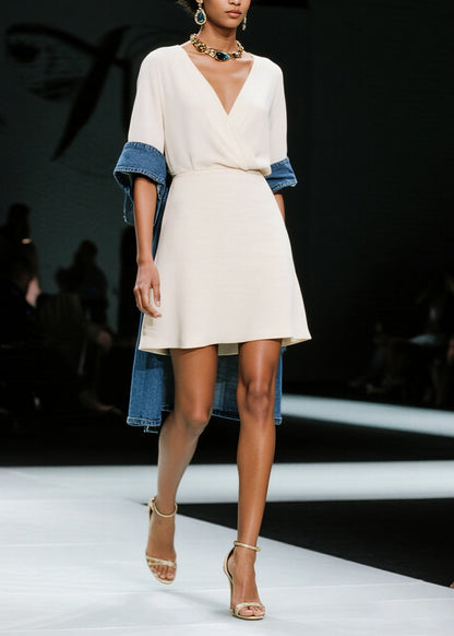 Simple White V Neck Patchwork Denim Mid Dress Summer