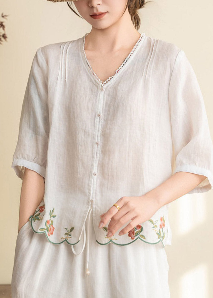Simple White V Neck Patchwork Linen Shirt Half Sleeve
