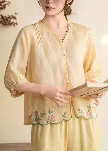 Simple White V Neck Patchwork Linen Shirt Half Sleeve