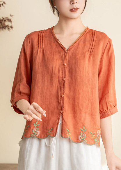 Simple White V Neck Patchwork Linen Shirt Half Sleeve