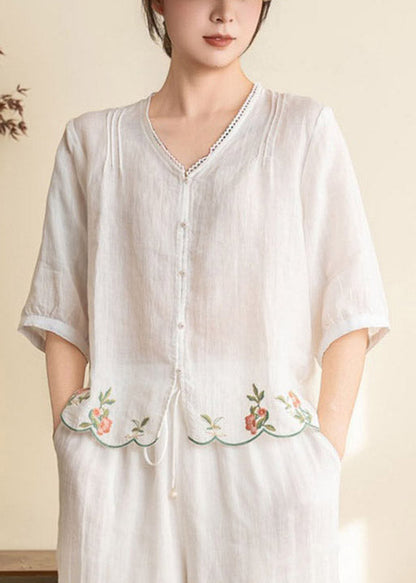 Simple White V Neck Patchwork Linen Shirt Half Sleeve