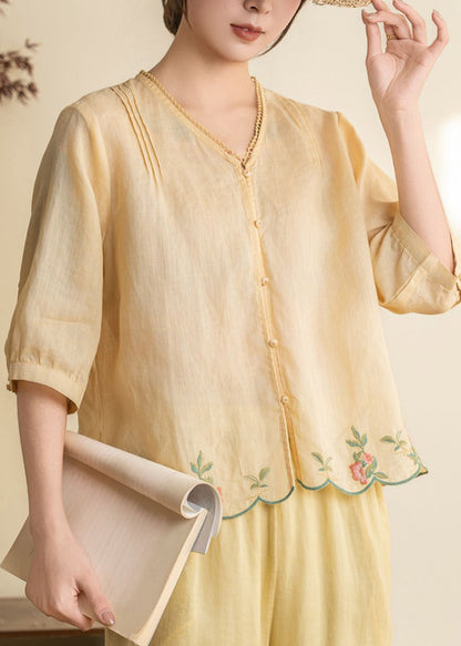 Simple White V Neck Patchwork Linen Shirt Half Sleeve