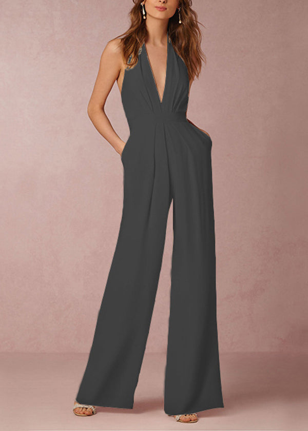 Simple White V Neck Pockets Backless Cotton Jumpsuit Sleeveless