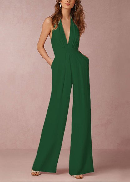 Simple White V Neck Pockets Backless Cotton Jumpsuit Sleeveless