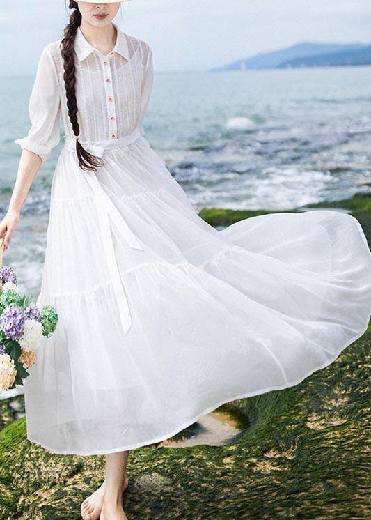 Simple White tie waist Long sleeve Party Summer Chiffon Dress - SooLinen