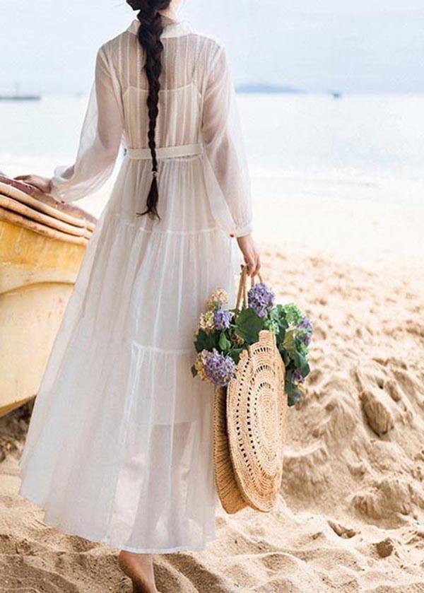 Simple White tie waist Long sleeve Party Summer Chiffon Dress - SooLinen