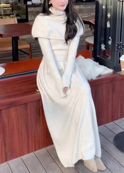 Conjunto de tres piezas de punto con capa y falda de cuello alto color vino tinto sencillo para invierno