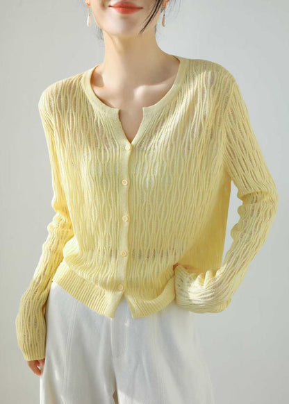 Simple Yellow Cut Out Knit Cardigans Long Sleeve