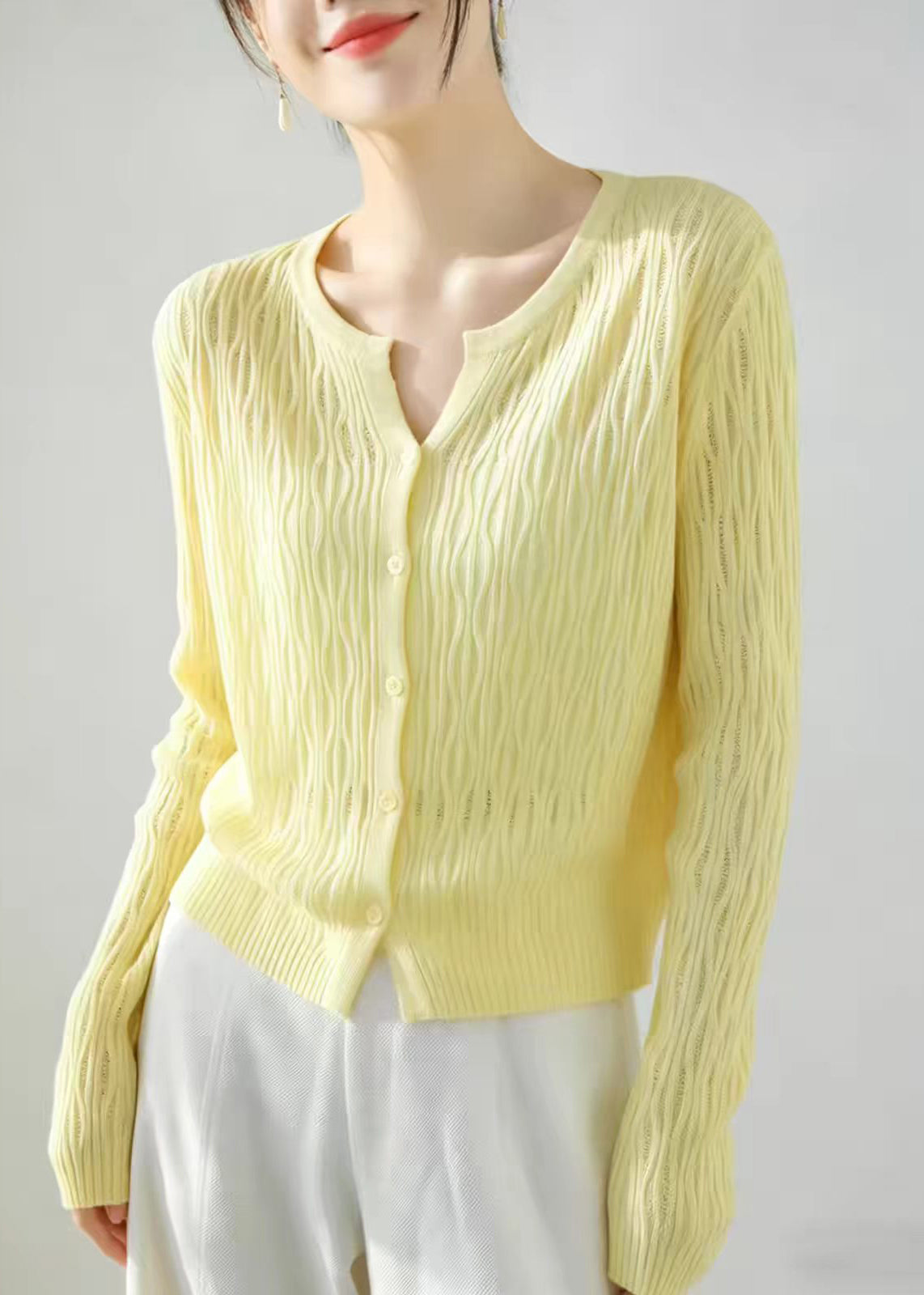 Simple Yellow Cut Out Knit Cardigans Long Sleeve