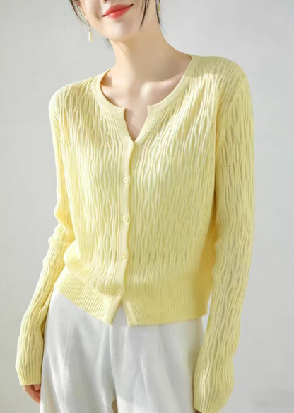Simple Yellow Cut Out Knit Cardigans Long Sleeve