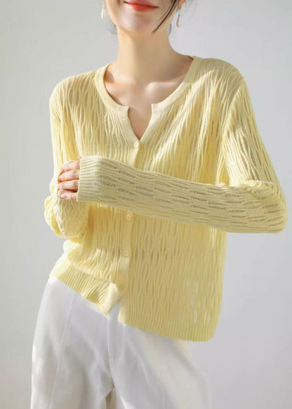 Simple Yellow Cut Out Knit Cardigans Long Sleeve