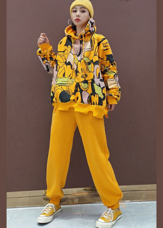 Einfache Gelb Mit Kapuze Warme Fleece Frauen Sets 2 Stück