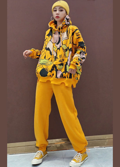 Simple Yellow Hooded Warm Fleece Women Sets 2 Pieces Spring