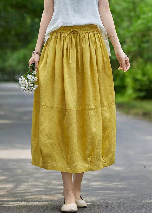Simple Yellow Lace Up Elastic Waist Linen A Line Skirts