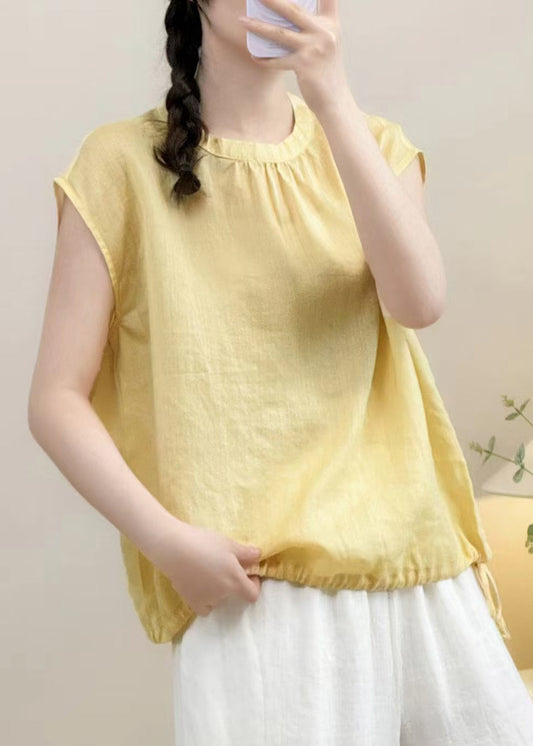 Simple Yellow O Neck Lace Up Linen Shirt Summer
