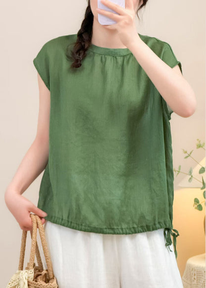 Simple Yellow O Neck Lace Up Linen Shirt Summer