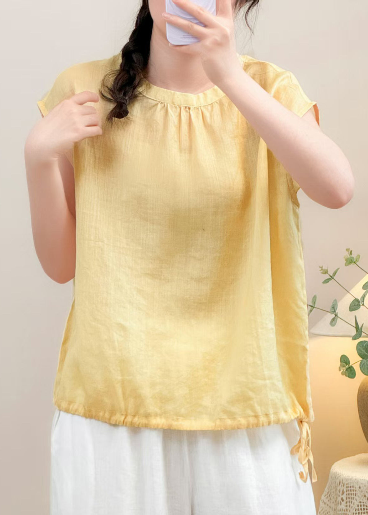 Simple Yellow O Neck Lace Up Linen Shirt Summer