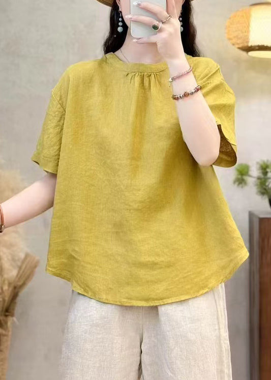 Simple Yellow O Neck Solid Cotton Shirt Summer