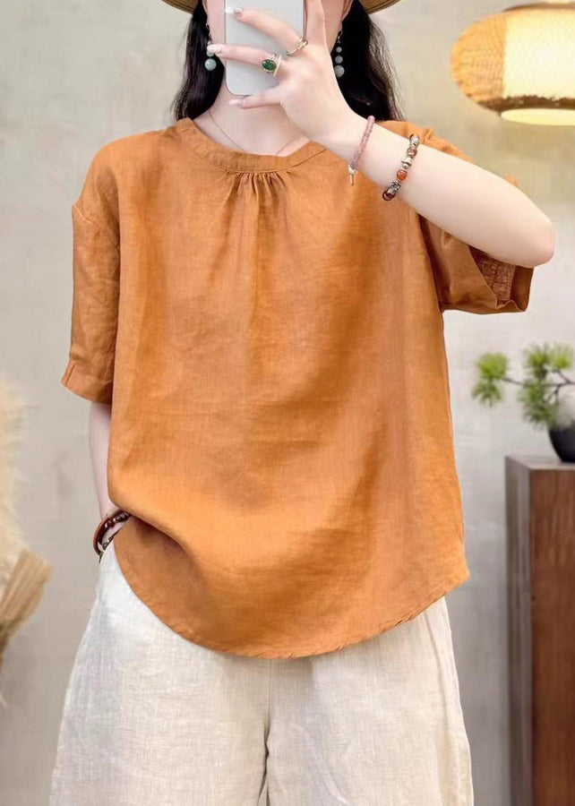 Simple Yellow O Neck Solid Cotton Shirt Summer