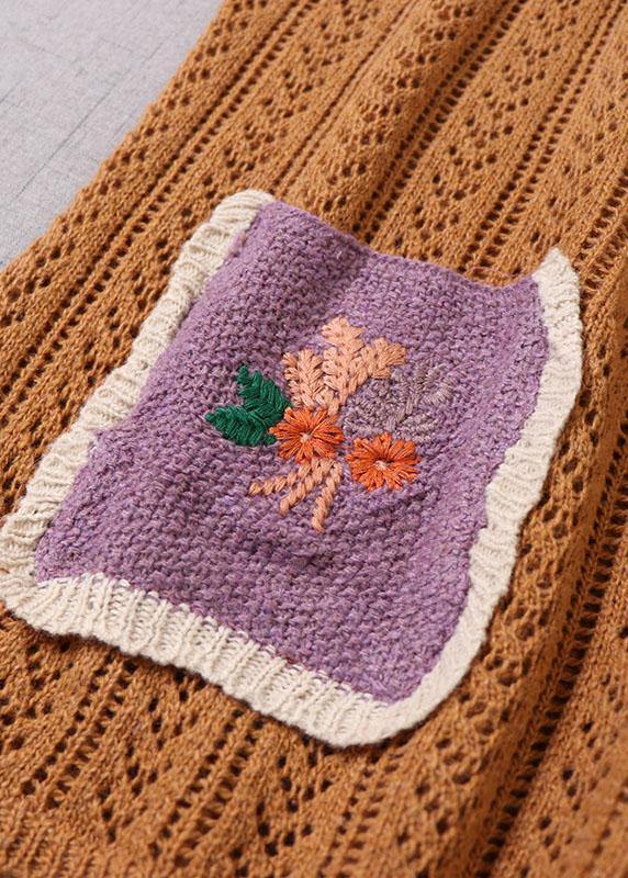 Simple Yellow Pockets Button Embroideried Fall Knit Vest - SooLinen