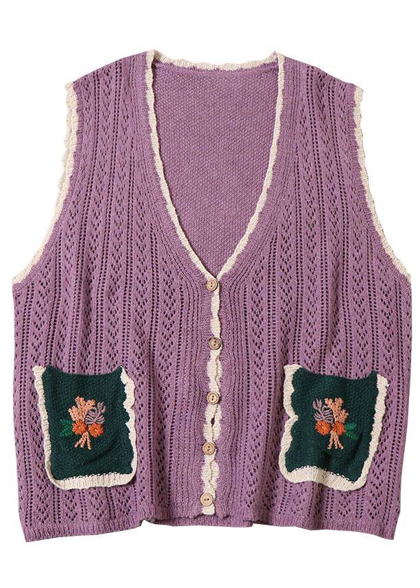 Simple Yellow Pockets Button Embroideried Fall Knit Vest - SooLinen