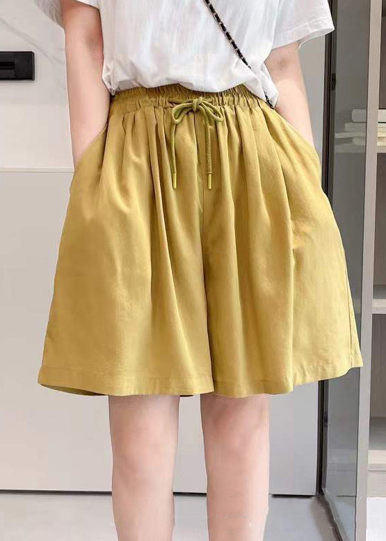 Simple Yellow Pockets Elastic Waist Solid Cotton Shorts Summer
