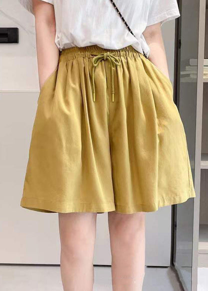 Simple Yellow Pockets Elastic Waist Solid Cotton Shorts Summer
