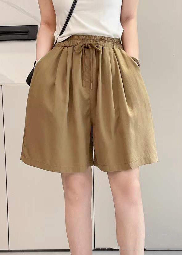 Simple Yellow Pockets Elastic Waist Solid Cotton Shorts Summer